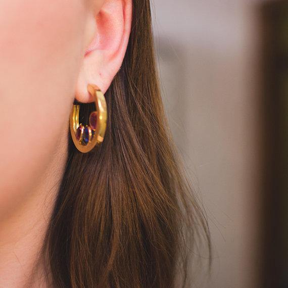 Vintage Medium Gold Hoop Earrings with Pastel Rhinestone Bezel Set Swarovski Crystal by 1980s - Vintage Meet Modern Vintage Jewelry - Chicago, Illinois - #oldhollywoodglamour #vintagemeetmodern #designervintage #jewelrybox #antiquejewelry #vintagejewelry