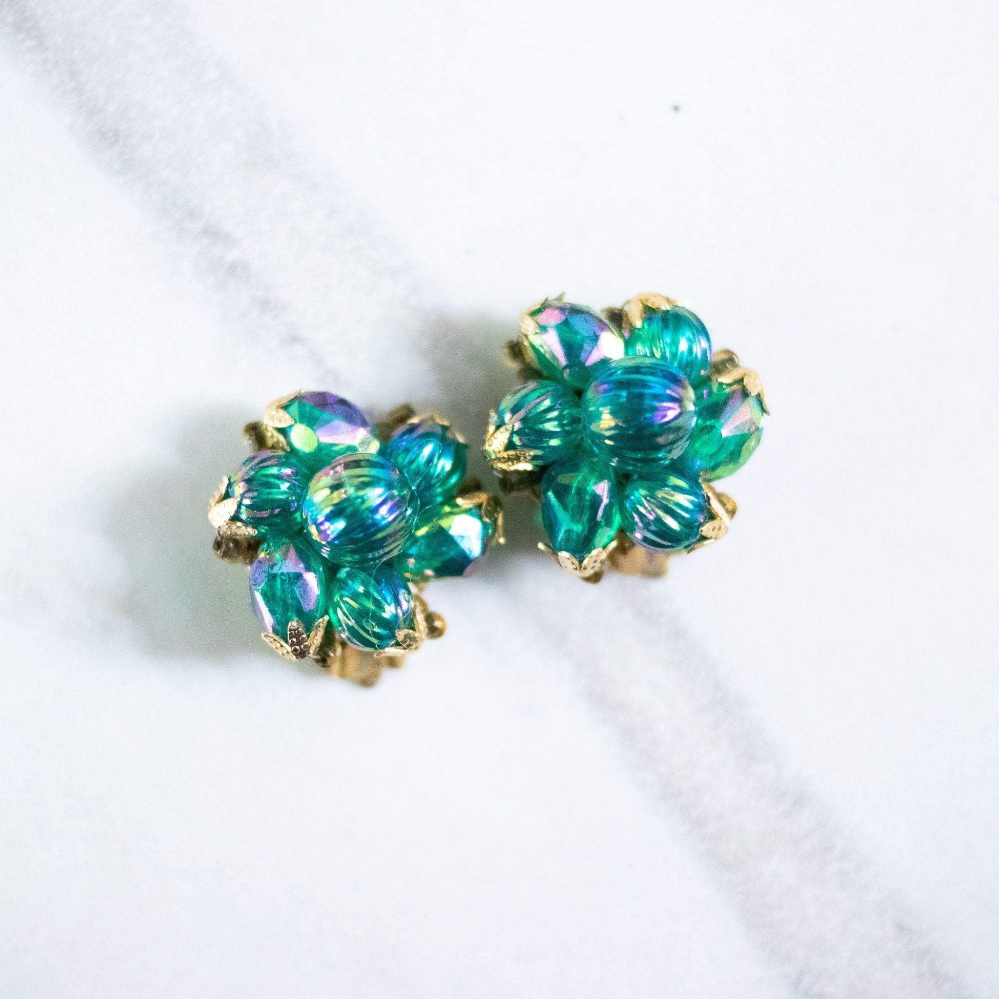 Vintage Blue Green Iridescent Beaded Cluster Earrings by Hong Kong - Vintage Meet Modern Vintage Jewelry - Chicago, Illinois - #oldhollywoodglamour #vintagemeetmodern #designervintage #jewelrybox #antiquejewelry #vintagejewelry