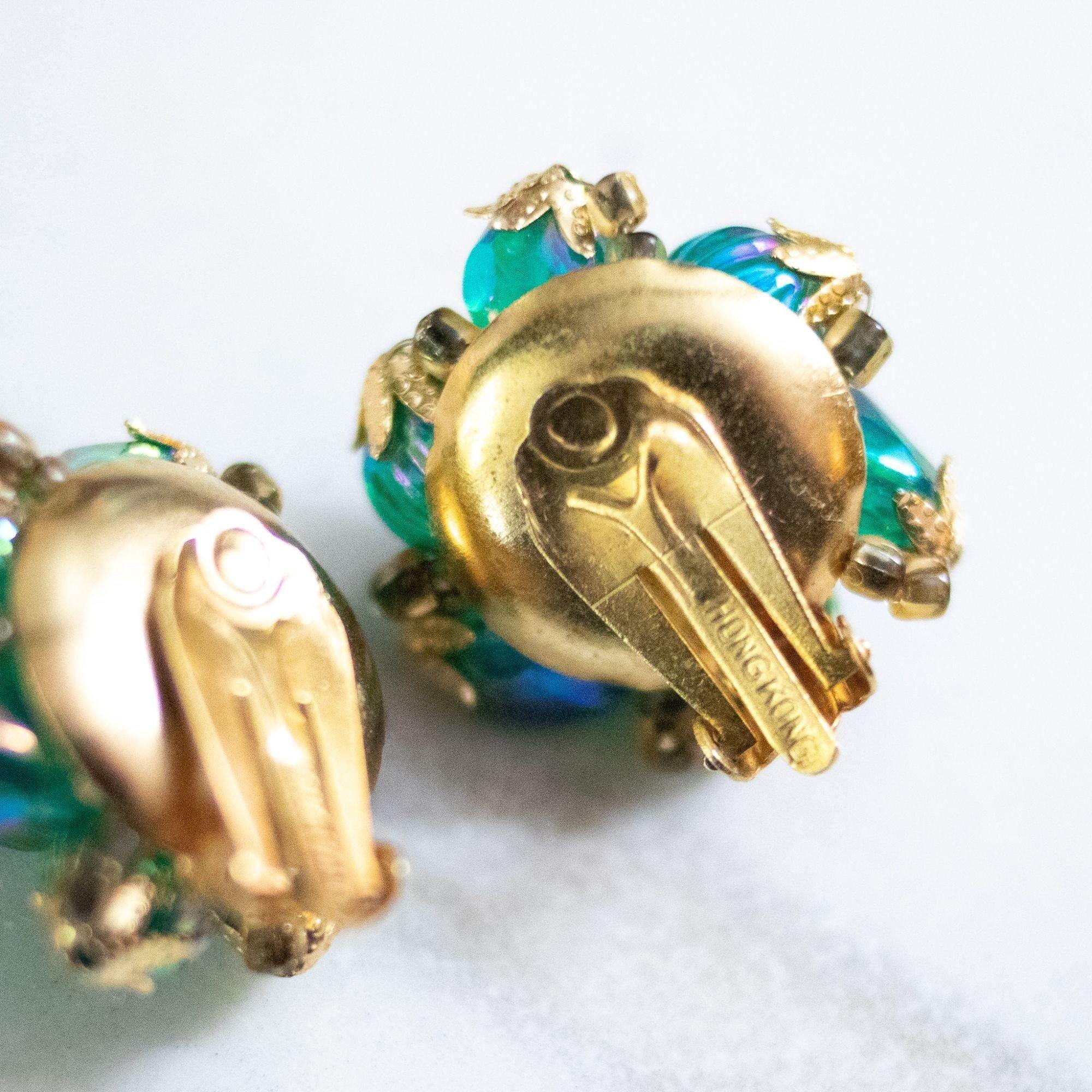 Vintage Blue Green Iridescent Beaded Cluster Earrings by Hong Kong - Vintage Meet Modern Vintage Jewelry - Chicago, Illinois - #oldhollywoodglamour #vintagemeetmodern #designervintage #jewelrybox #antiquejewelry #vintagejewelry