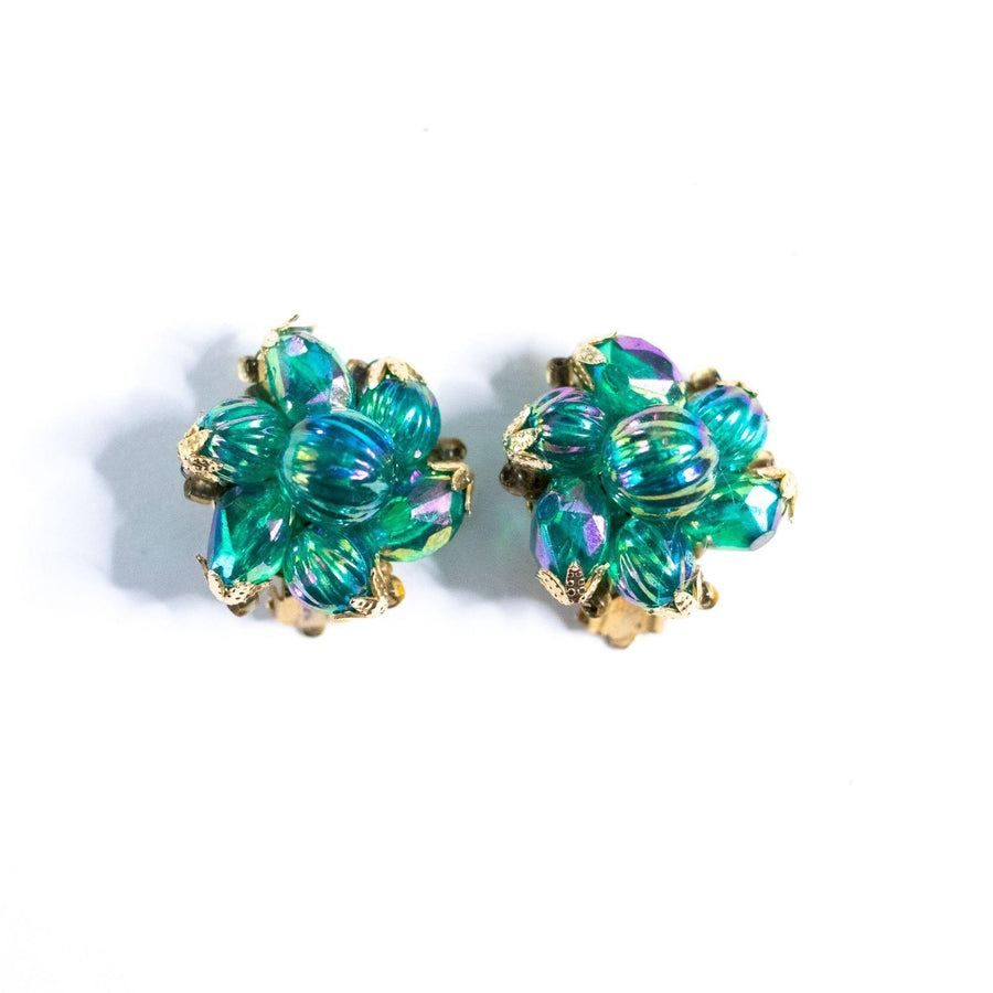 Vintage Blue Green Iridescent Beaded Cluster Earrings by Hong Kong - Vintage Meet Modern Vintage Jewelry - Chicago, Illinois - #oldhollywoodglamour #vintagemeetmodern #designervintage #jewelrybox #antiquejewelry #vintagejewelry