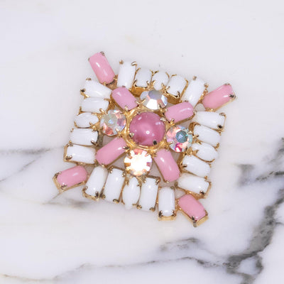 Vintage Pink, Milk Glass, and Aurora Borealis Rhinestone Brooch by Unsigned - Vintage Meet Modern Vintage Jewelry - Chicago, Illinois - #oldhollywoodglamour #vintagemeetmodern #designervintage #jewelrybox #antiquejewelry #vintagejewelry