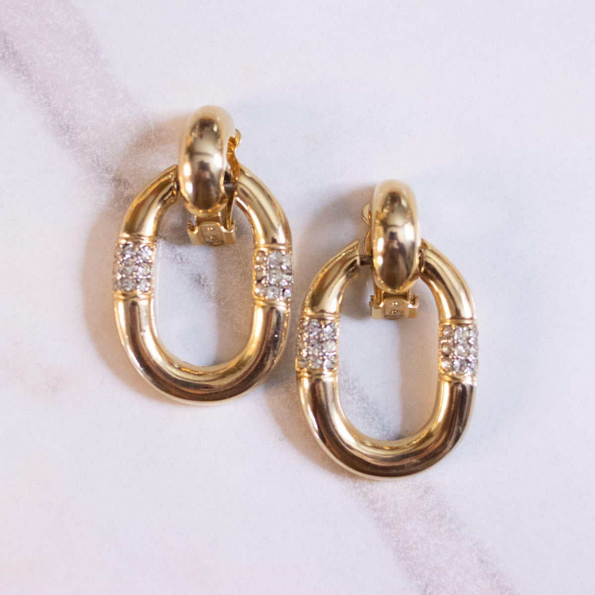 Vintage Gold Oval Doorknocker with Rhinestone Statement Earrings