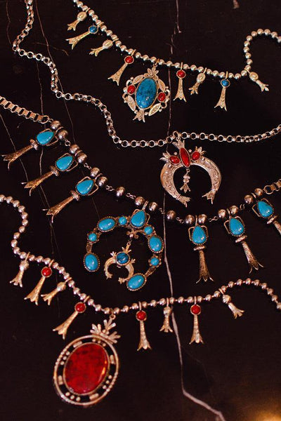 Vintage ART Mode Turquoise and Coral Squash Blossom Necklace by Art Mode - Vintage Meet Modern Vintage Jewelry - Chicago, Illinois - #oldhollywoodglamour #vintagemeetmodern #designervintage #jewelrybox #antiquejewelry #vintagejewelry
