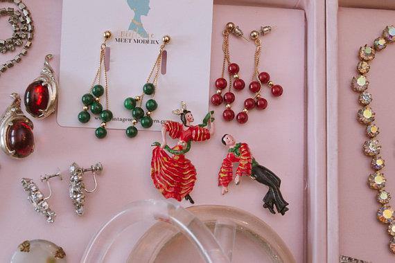 Vintage 1940s Crown Trifari Ruby Crystal Cabochon Silver Earrings by 1940s - Vintage Meet Modern Vintage Jewelry - Chicago, Illinois - #oldhollywoodglamour #vintagemeetmodern #designervintage #jewelrybox #antiquejewelry #vintagejewelry