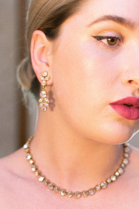 Vintage Aurora Borealis Rhinestone Chandelier Statement Earrings, Clip On, Dangling by Aurora Borealis - Vintage Meet Modern Vintage Jewelry - Chicago, Illinois - #oldhollywoodglamour #vintagemeetmodern #designervintage #jewelrybox #antiquejewelry #vintagejewelry