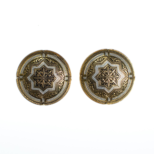 Vintage Silver and Gold Damascene Round Disc Earrings by Vintage Meet Modern - Vintage Meet Modern Vintage Jewelry - Chicago, Illinois - #oldhollywoodglamour #vintagemeetmodern #designervintage #jewelrybox #antiquejewelry #vintagejewelry