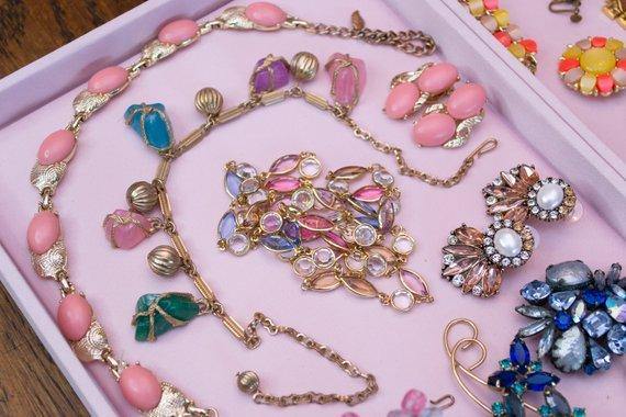 Vintage Blush Pink Lucite Statement Earrings, Gold Tone, Clip-on by 1950s - Vintage Meet Modern Vintage Jewelry - Chicago, Illinois - #oldhollywoodglamour #vintagemeetmodern #designervintage #jewelrybox #antiquejewelry #vintagejewelry