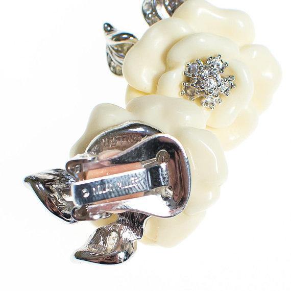 Vintage Nolan Miller Camelia Earrings With Diamante Crystals, Clip On by Nolan Miller - Vintage Meet Modern Vintage Jewelry - Chicago, Illinois - #oldhollywoodglamour #vintagemeetmodern #designervintage #jewelrybox #antiquejewelry #vintagejewelry