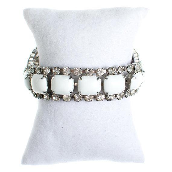 Vintage Milk Glass and Diamante Rhinestone Bracelet by 1960s - Vintage Meet Modern Vintage Jewelry - Chicago, Illinois - #oldhollywoodglamour #vintagemeetmodern #designervintage #jewelrybox #antiquejewelry #vintagejewelry