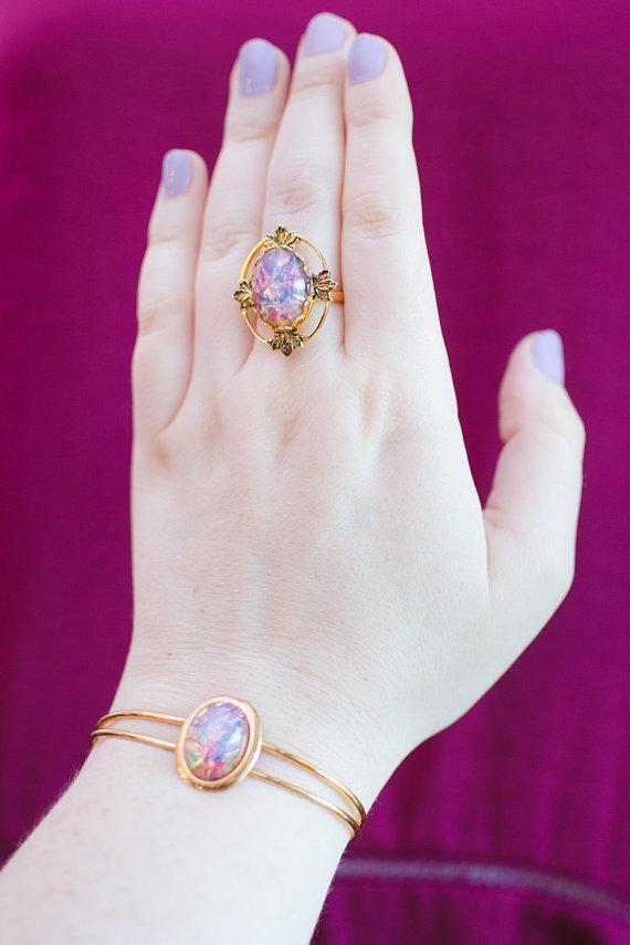 Vintage Gold Czech Opal Glass Cuff Bracelet Adjustable Harlequin Glass Fire Opal by 1960s - Vintage Meet Modern Vintage Jewelry - Chicago, Illinois - #oldhollywoodglamour #vintagemeetmodern #designervintage #jewelrybox #antiquejewelry #vintagejewelry