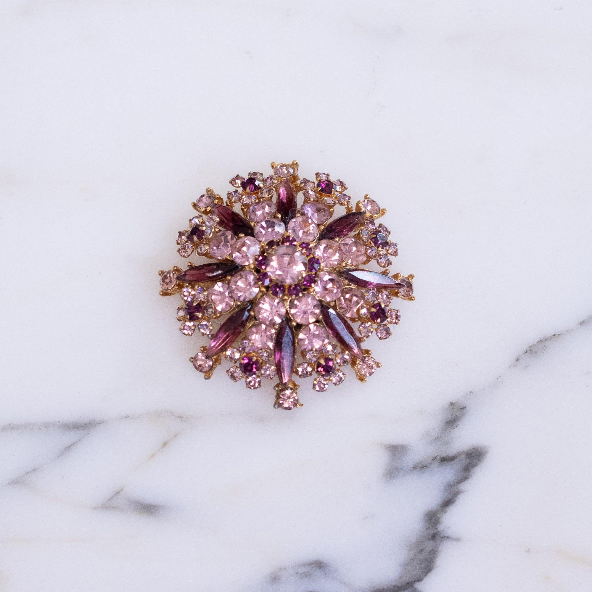 Vintage Mid Century Modern Shades of Purple Rhinestone Medallion Brooch by Vintage Meet Modern - Vintage Meet Modern Vintage Jewelry - Chicago, Illinois - #oldhollywoodglamour #vintagemeetmodern #designervintage #jewelrybox #antiquejewelry #vintagejewelry