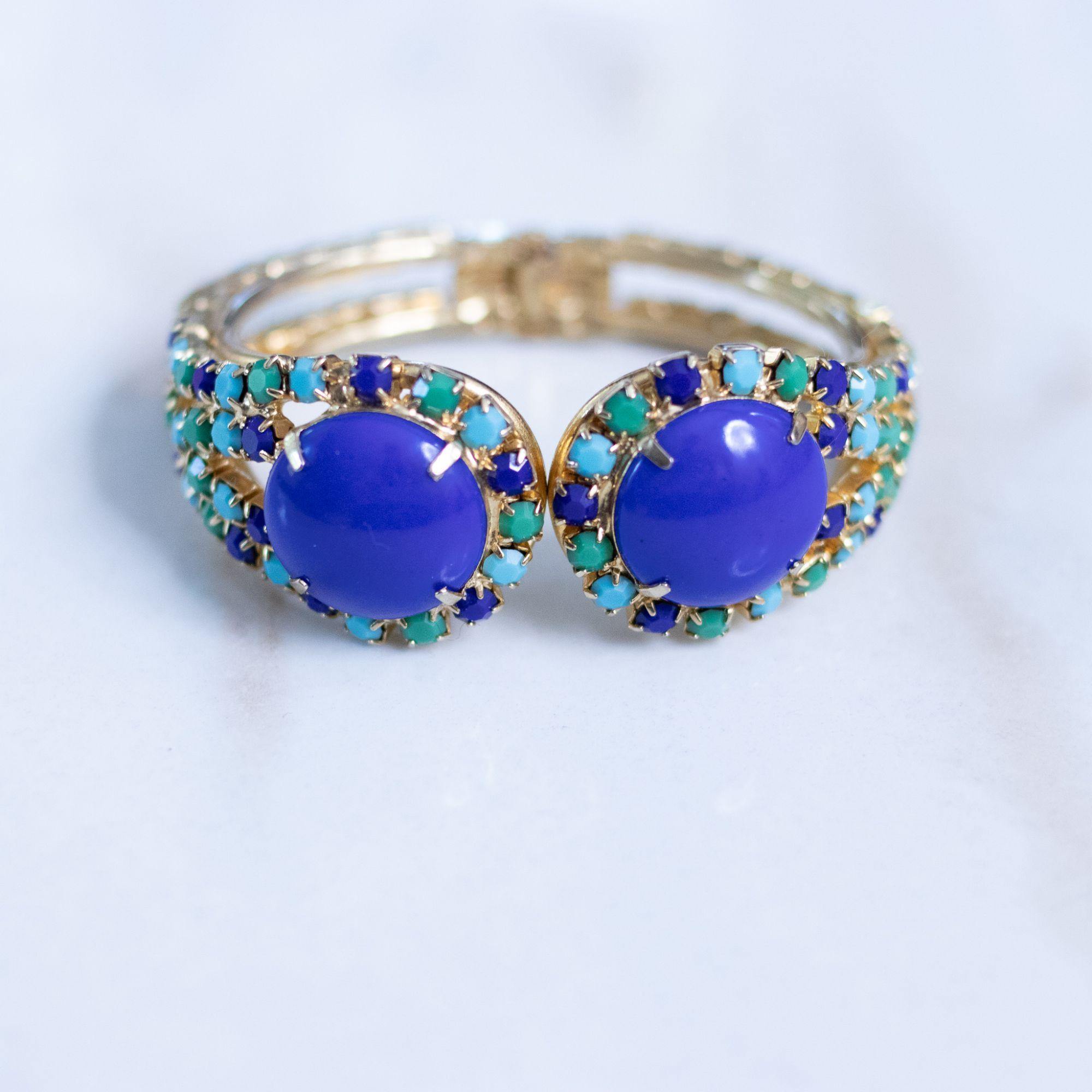 Vintage Blue , Green, Turquoise Rhinestone Clamper Bracelet by Unsigned Beauty - Vintage Meet Modern Vintage Jewelry - Chicago, Illinois - #oldhollywoodglamour #vintagemeetmodern #designervintage #jewelrybox #antiquejewelry #vintagejewelry