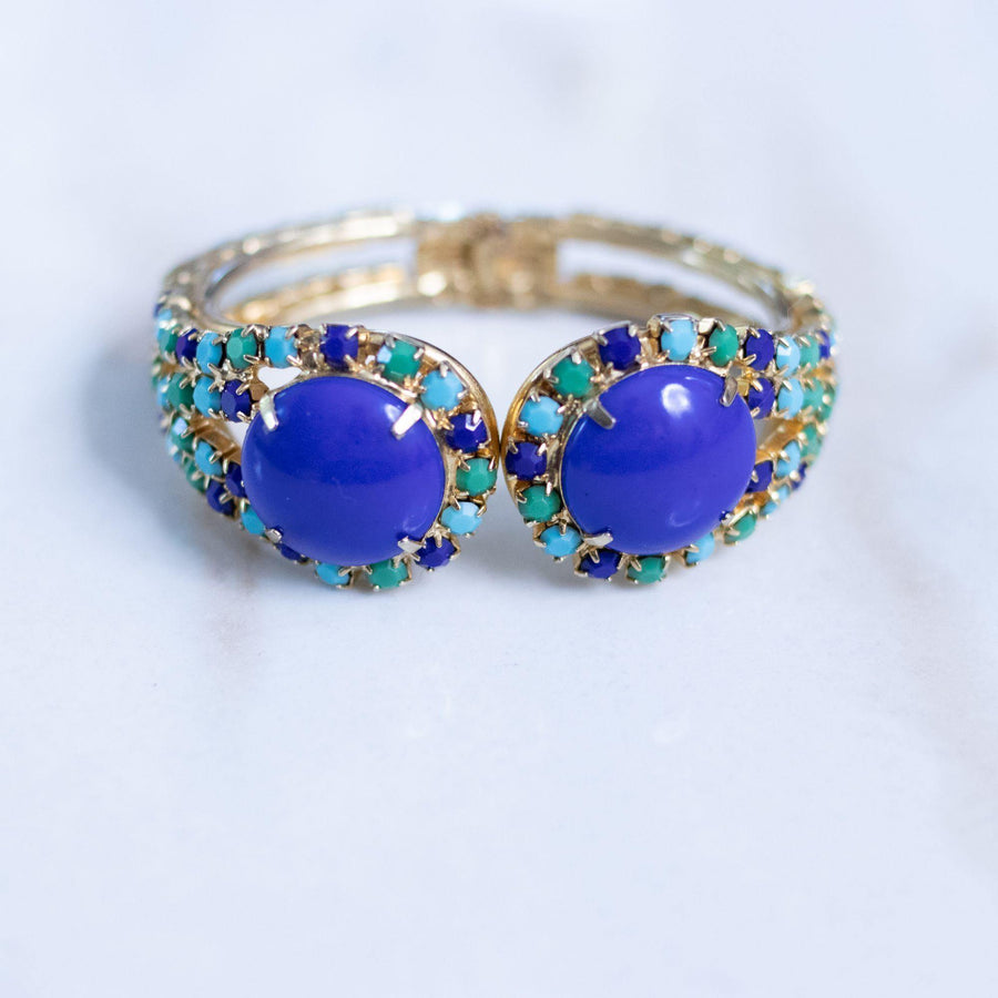 Vintage Blue , Green, Turquoise Rhinestone Clamper Bracelet by Unsigned Beauty - Vintage Meet Modern Vintage Jewelry - Chicago, Illinois - #oldhollywoodglamour #vintagemeetmodern #designervintage #jewelrybox #antiquejewelry #vintagejewelry