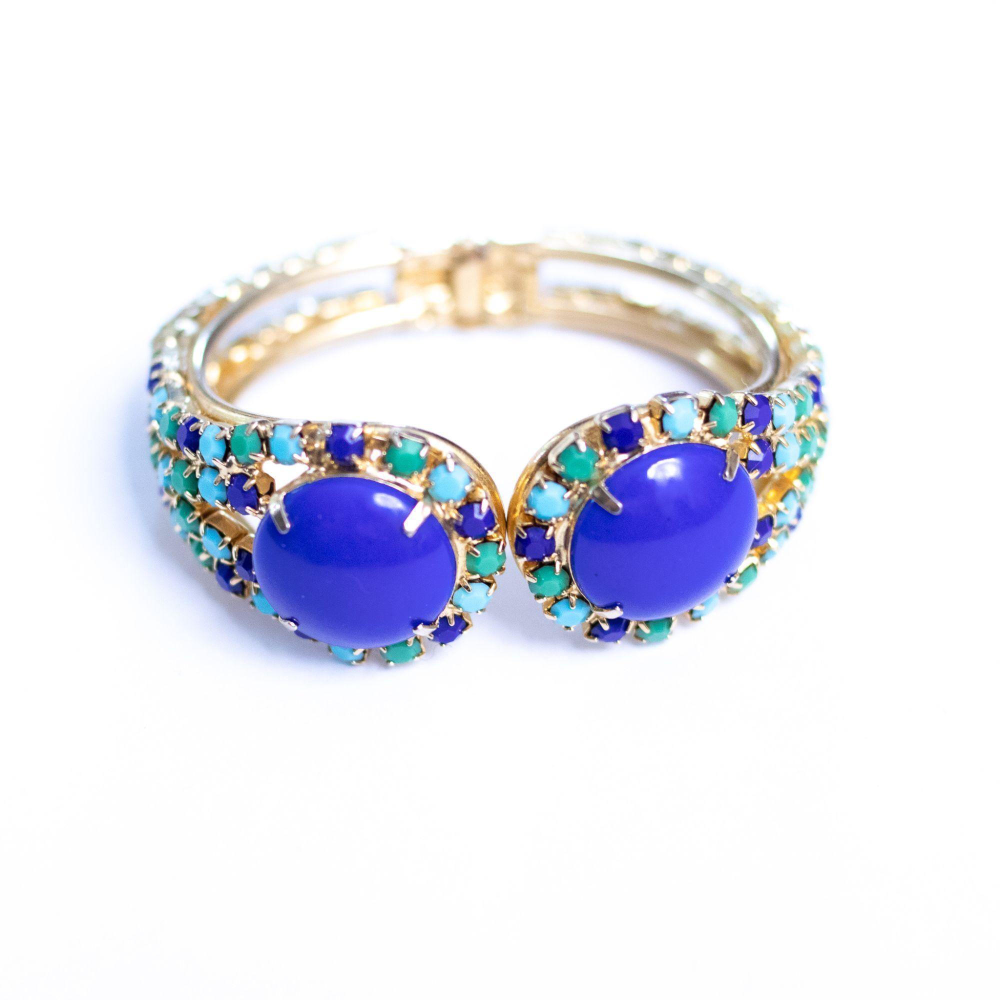 Vintage Blue , Green, Turquoise Rhinestone Clamper Bracelet by Unsigned Beauty - Vintage Meet Modern Vintage Jewelry - Chicago, Illinois - #oldhollywoodglamour #vintagemeetmodern #designervintage #jewelrybox #antiquejewelry #vintagejewelry