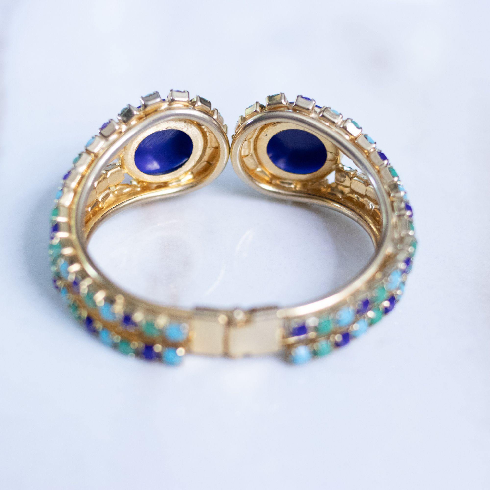 Vintage Blue , Green, Turquoise Rhinestone Clamper Bracelet by Unsigned Beauty - Vintage Meet Modern Vintage Jewelry - Chicago, Illinois - #oldhollywoodglamour #vintagemeetmodern #designervintage #jewelrybox #antiquejewelry #vintagejewelry