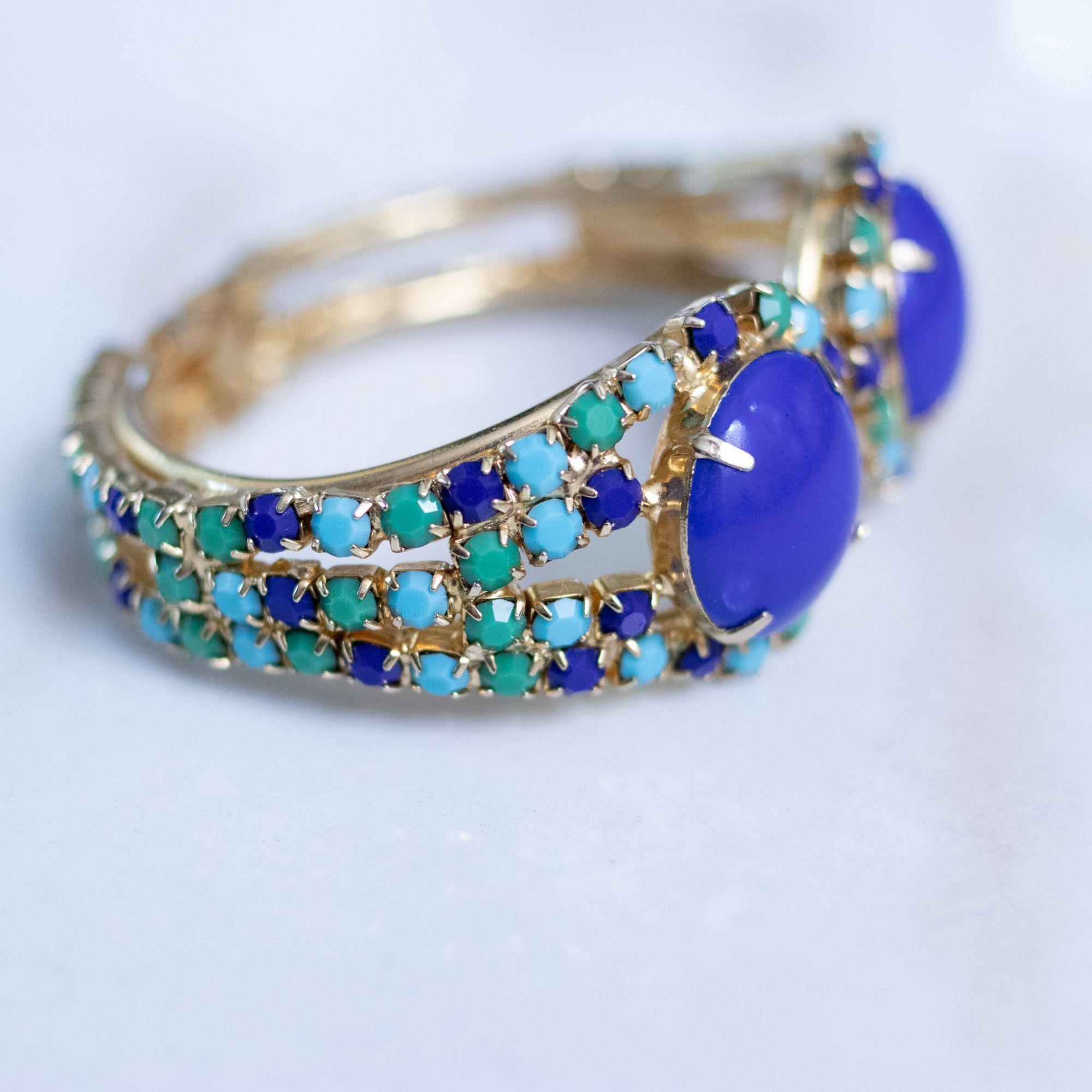 Vintage Blue , Green, Turquoise Rhinestone Clamper Bracelet by Unsigned Beauty - Vintage Meet Modern Vintage Jewelry - Chicago, Illinois - #oldhollywoodglamour #vintagemeetmodern #designervintage #jewelrybox #antiquejewelry #vintagejewelry