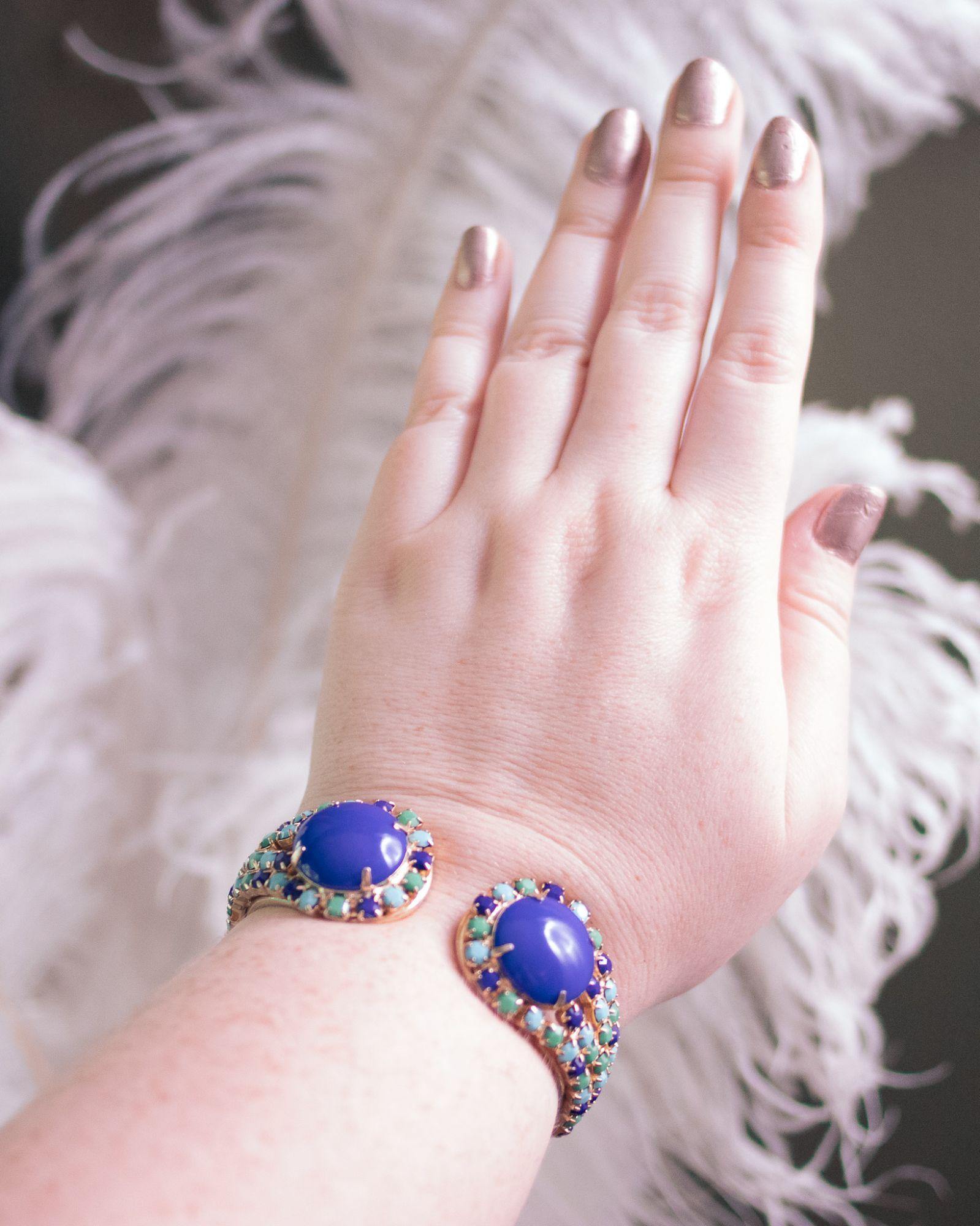 Vintage Blue , Green, Turquoise Rhinestone Clamper Bracelet by Unsigned Beauty - Vintage Meet Modern Vintage Jewelry - Chicago, Illinois - #oldhollywoodglamour #vintagemeetmodern #designervintage #jewelrybox #antiquejewelry #vintagejewelry