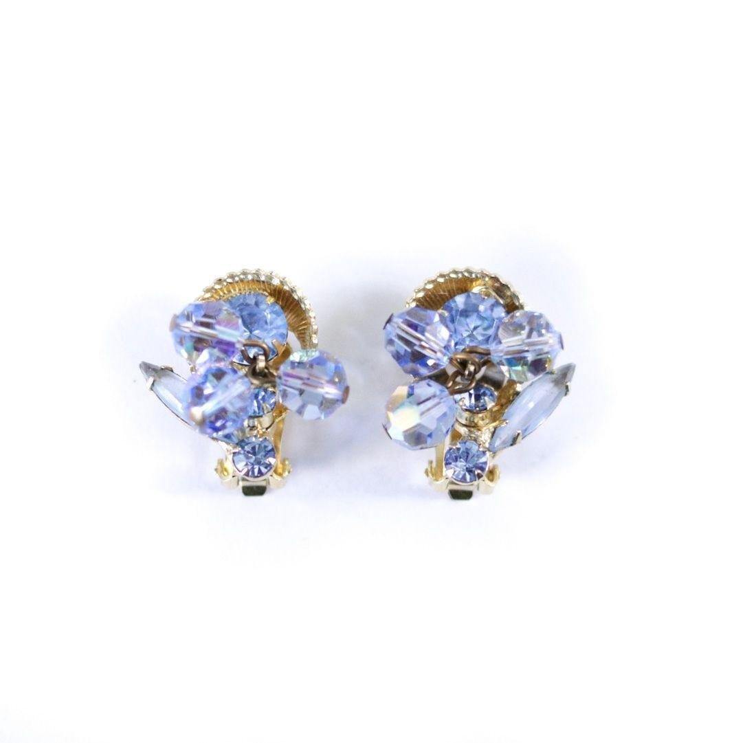 Vintage Light Blue Aurora Borealis Cha Cha Earrings with Navette Rhinestone Accents