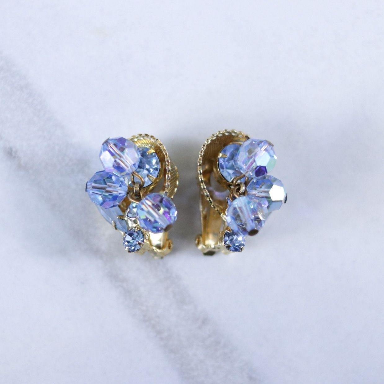 Vintage Light Blue Aurora Borealis Cha Cha Earrings with Navette Rhinestone Accents by Unsigned Beauty - Vintage Meet Modern Vintage Jewelry - Chicago, Illinois - #oldhollywoodglamour #vintagemeetmodern #designervintage #jewelrybox #antiquejewelry #vintagejewelry