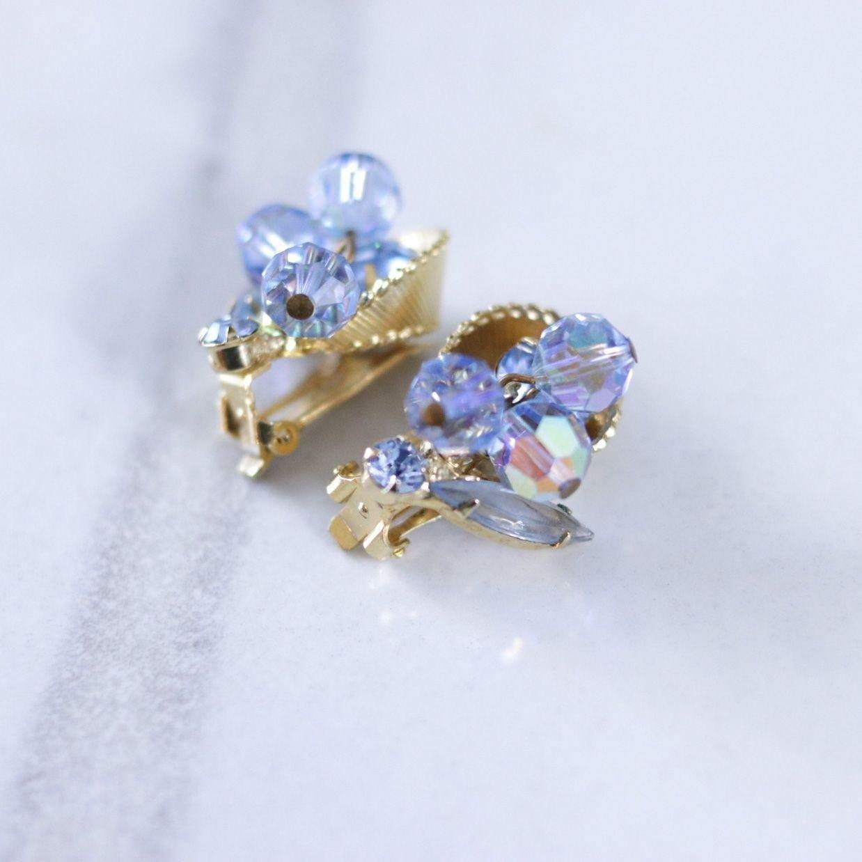 Vintage Light Blue Aurora Borealis Cha Cha Earrings with Navette Rhinestone Accents by Unsigned Beauty - Vintage Meet Modern Vintage Jewelry - Chicago, Illinois - #oldhollywoodglamour #vintagemeetmodern #designervintage #jewelrybox #antiquejewelry #vintagejewelry