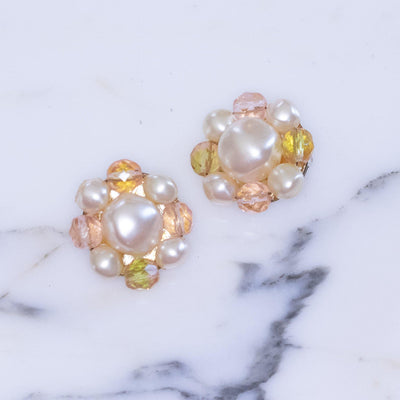 Vintage Faux Pearl with Yellow and Light Pink Crystal Cluster Clip Earrings by Unsigned Beauty - Vintage Meet Modern Vintage Jewelry - Chicago, Illinois - #oldhollywoodglamour #vintagemeetmodern #designervintage #jewelrybox #antiquejewelry #vintagejewelry