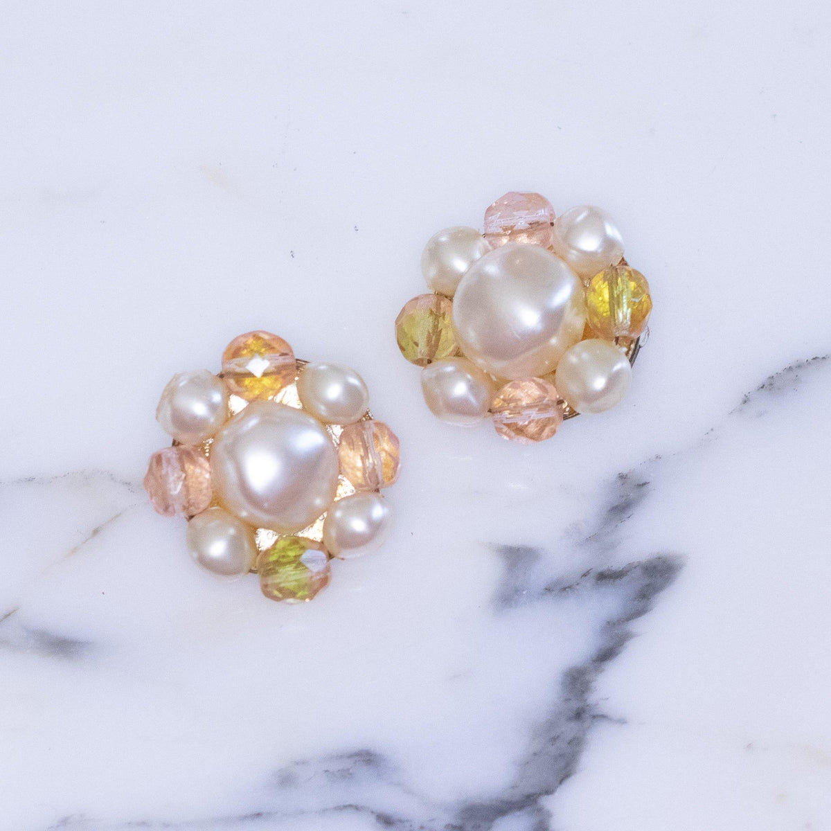 Vintage Faux Pearl with Yellow and Light Pink Crystal Cluster Clip Earrings