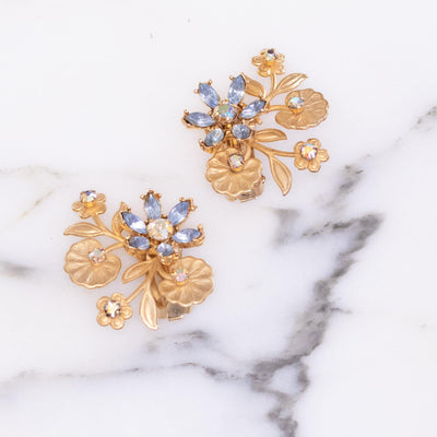 Vintage Mid Century Modern Gold Flower Earrings with Blue and Aurora Borealis Rhinestones by Unsigned - Vintage Meet Modern Vintage Jewelry - Chicago, Illinois - #oldhollywoodglamour #vintagemeetmodern #designervintage #jewelrybox #antiquejewelry #vintagejewelry