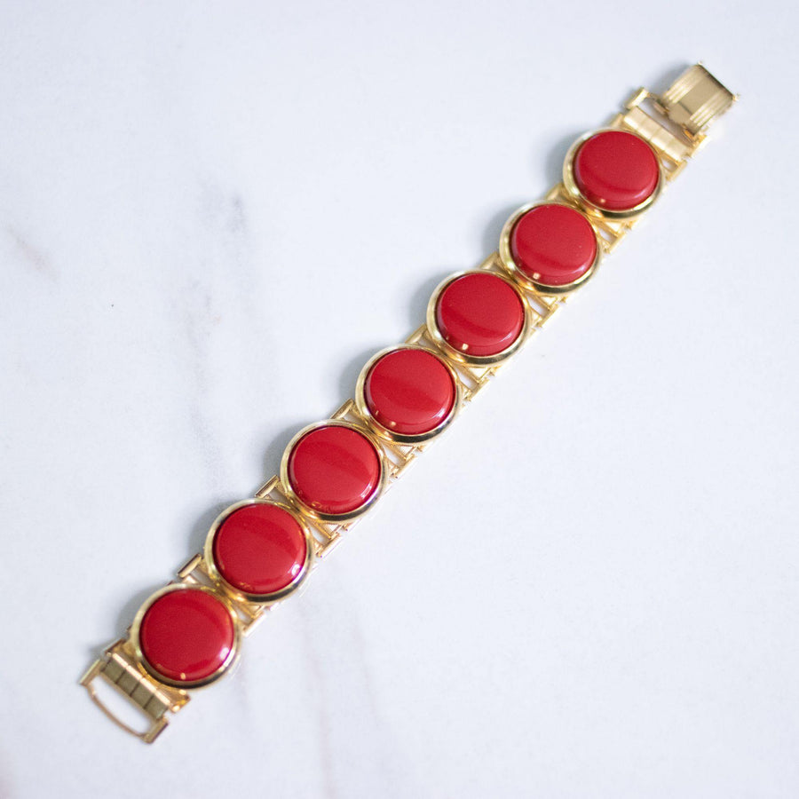 Vintage Retro Red Disc Bracelet by Unsigned Beauty - Vintage Meet Modern Vintage Jewelry - Chicago, Illinois - #oldhollywoodglamour #vintagemeetmodern #designervintage #jewelrybox #antiquejewelry #vintagejewelry