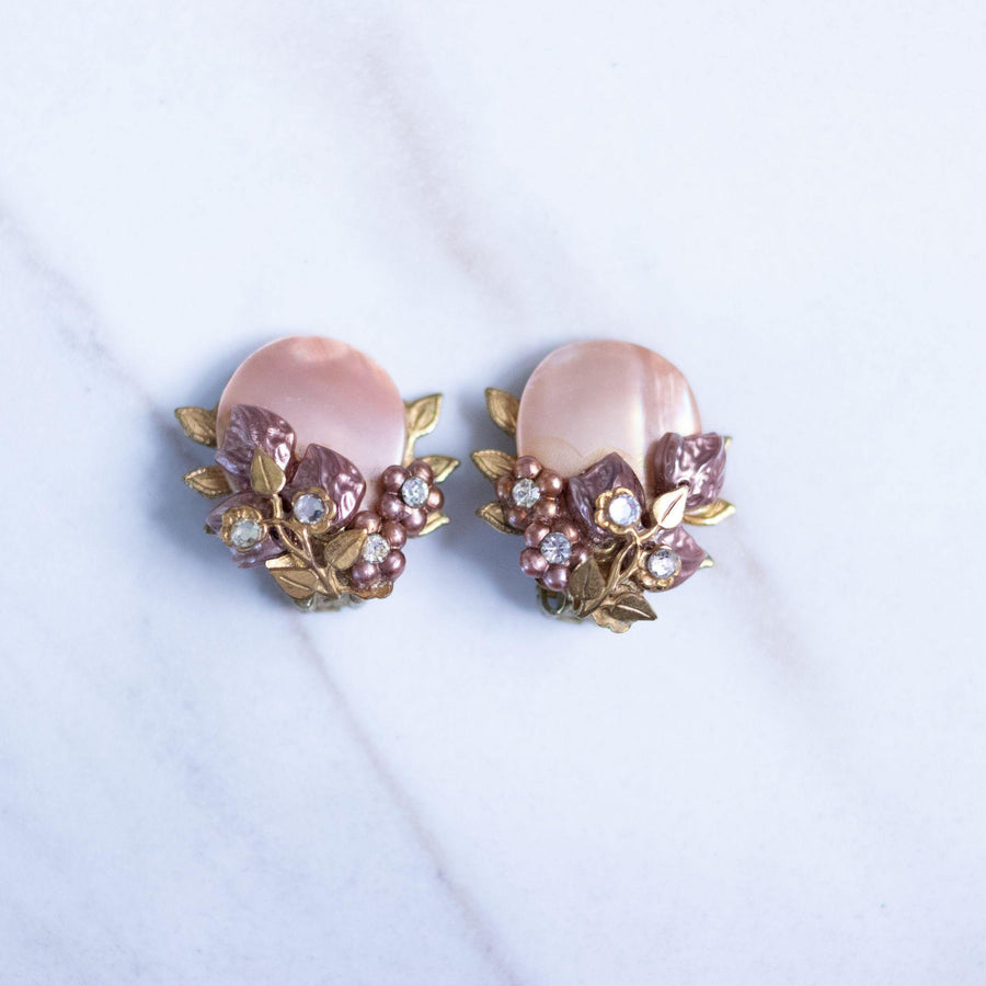 Vintage Champagne Mother of Pear Disc with Bronze Leaves and Diamante Rhinestone Earrings by Unsigned Beauty - Vintage Meet Modern Vintage Jewelry - Chicago, Illinois - #oldhollywoodglamour #vintagemeetmodern #designervintage #jewelrybox #antiquejewelry #vintagejewelry