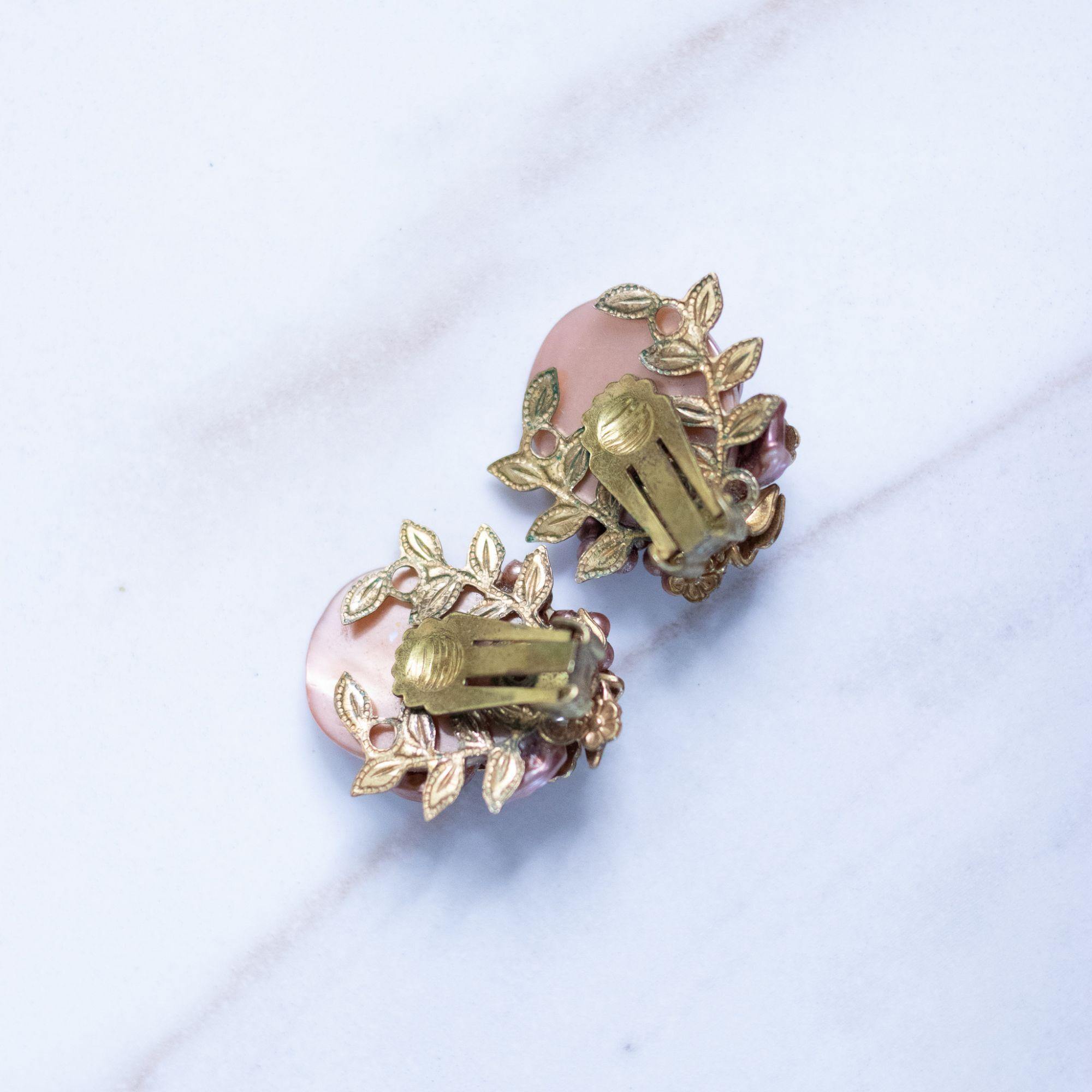 Vintage Champagne Mother of Pear Disc with Bronze Leaves and Diamante Rhinestone Earrings by Unsigned Beauty - Vintage Meet Modern Vintage Jewelry - Chicago, Illinois - #oldhollywoodglamour #vintagemeetmodern #designervintage #jewelrybox #antiquejewelry #vintagejewelry