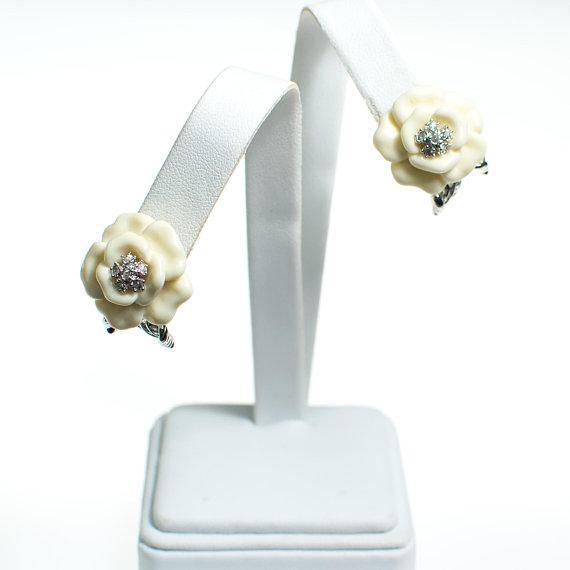 Vintage Nolan Miller Camelia Earrings With Diamante Crystals, Clip On by Nolan Miller - Vintage Meet Modern Vintage Jewelry - Chicago, Illinois - #oldhollywoodglamour #vintagemeetmodern #designervintage #jewelrybox #antiquejewelry #vintagejewelry