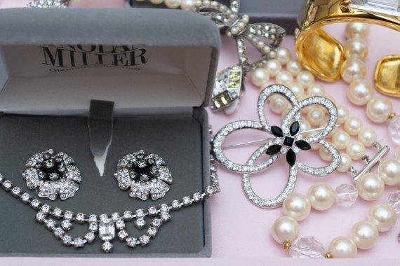 Vintage Nolan Miller Black Diamond and Diamante Crystal Camelia Statement Earrings, Clip On by Nolan Miller - Vintage Meet Modern Vintage Jewelry - Chicago, Illinois - #oldhollywoodglamour #vintagemeetmodern #designervintage #jewelrybox #antiquejewelry #vintagejewelry