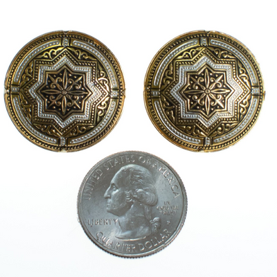 Vintage Silver and Gold Damascene Round Disc Earrings by Vintage Meet Modern  - Vintage Meet Modern Vintage Jewelry - Chicago, Illinois - #oldhollywoodglamour #vintagemeetmodern #designervintage #jewelrybox #antiquejewelry #vintagejewelry