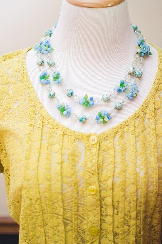 Vintage 1950s Blue and White Crystal Bubble Bead Necklace with Flowers by 1950s - Vintage Meet Modern Vintage Jewelry - Chicago, Illinois - #oldhollywoodglamour #vintagemeetmodern #designervintage #jewelrybox #antiquejewelry #vintagejewelry