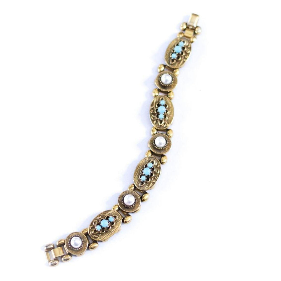 Vintage Victorian Revival Turquoise Bead and Faux Pearl Bookchain Bracelet by Unsigned Beauty - Vintage Meet Modern Vintage Jewelry - Chicago, Illinois - #oldhollywoodglamour #vintagemeetmodern #designervintage #jewelrybox #antiquejewelry #vintagejewelry