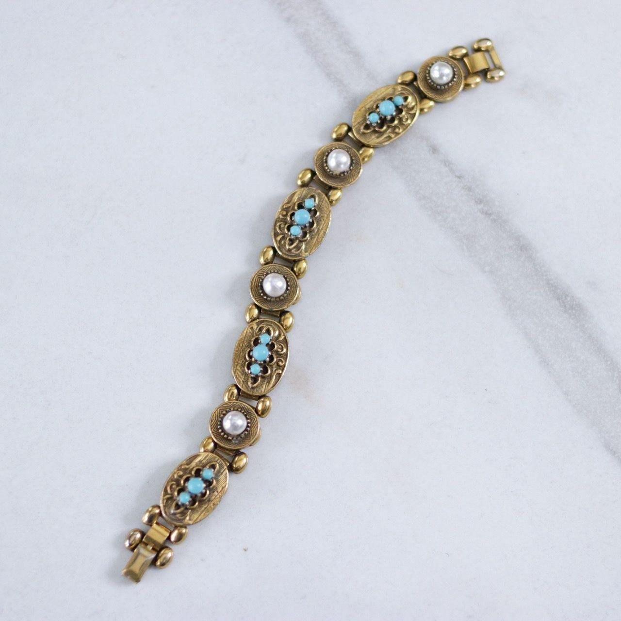 Vintage Victorian Revival Turquoise Bead and Faux Pearl Bookchain Bracelet by Unsigned Beauty - Vintage Meet Modern Vintage Jewelry - Chicago, Illinois - #oldhollywoodglamour #vintagemeetmodern #designervintage #jewelrybox #antiquejewelry #vintagejewelry