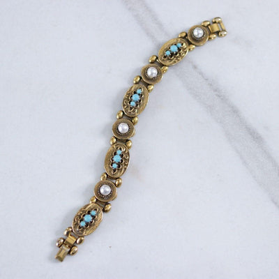 Vintage Victorian Revival Turquoise Bead and Faux Pearl Bookchain Bracelet by Unsigned Beauty - Vintage Meet Modern Vintage Jewelry - Chicago, Illinois - #oldhollywoodglamour #vintagemeetmodern #designervintage #jewelrybox #antiquejewelry #vintagejewelry