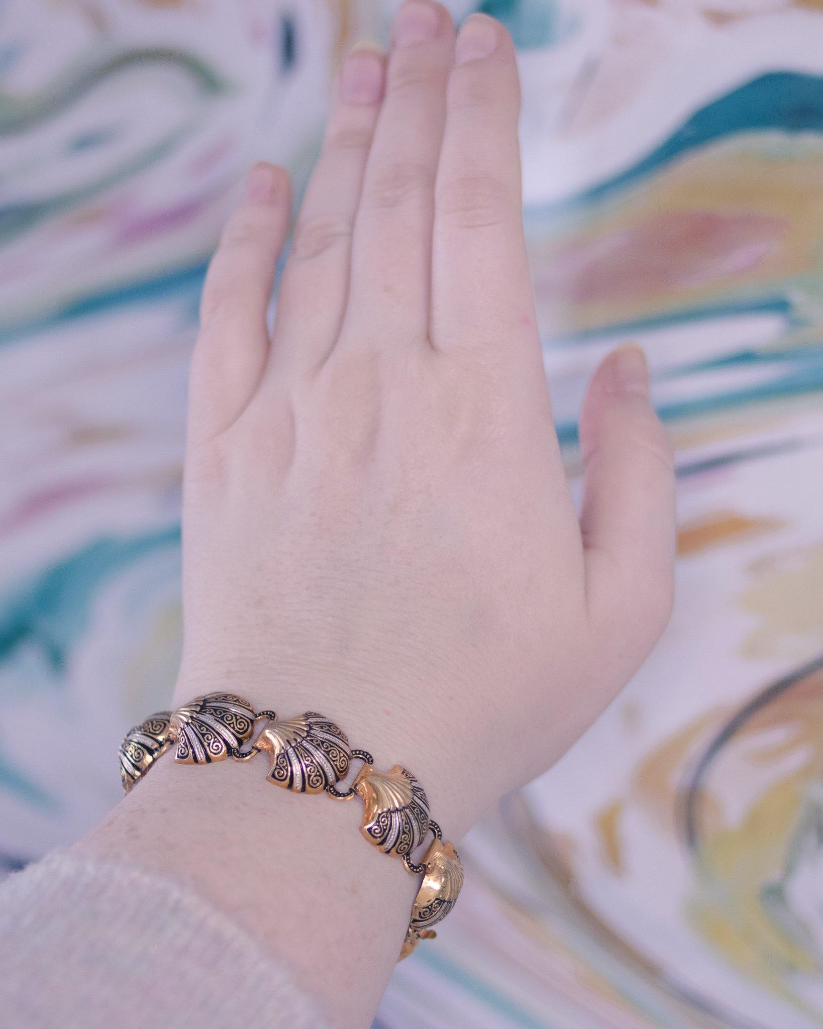 Vintage Damascene Gold, Silver, Black Shell Shape Link Bracelet by Made In Spain - Vintage Meet Modern Vintage Jewelry - Chicago, Illinois - #oldhollywoodglamour #vintagemeetmodern #designervintage #jewelrybox #antiquejewelry #vintagejewelry