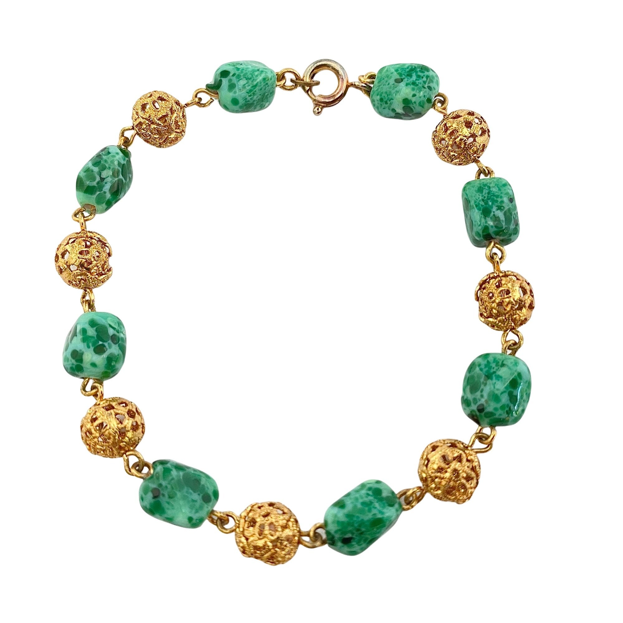 Vintage Speckled Jade and Filigree Bead Bracelet by West Germany - Vintage Meet Modern Vintage Jewelry - Chicago, Illinois - #oldhollywoodglamour #vintagemeetmodern #designervintage #jewelrybox #antiquejewelry #vintagejewelry