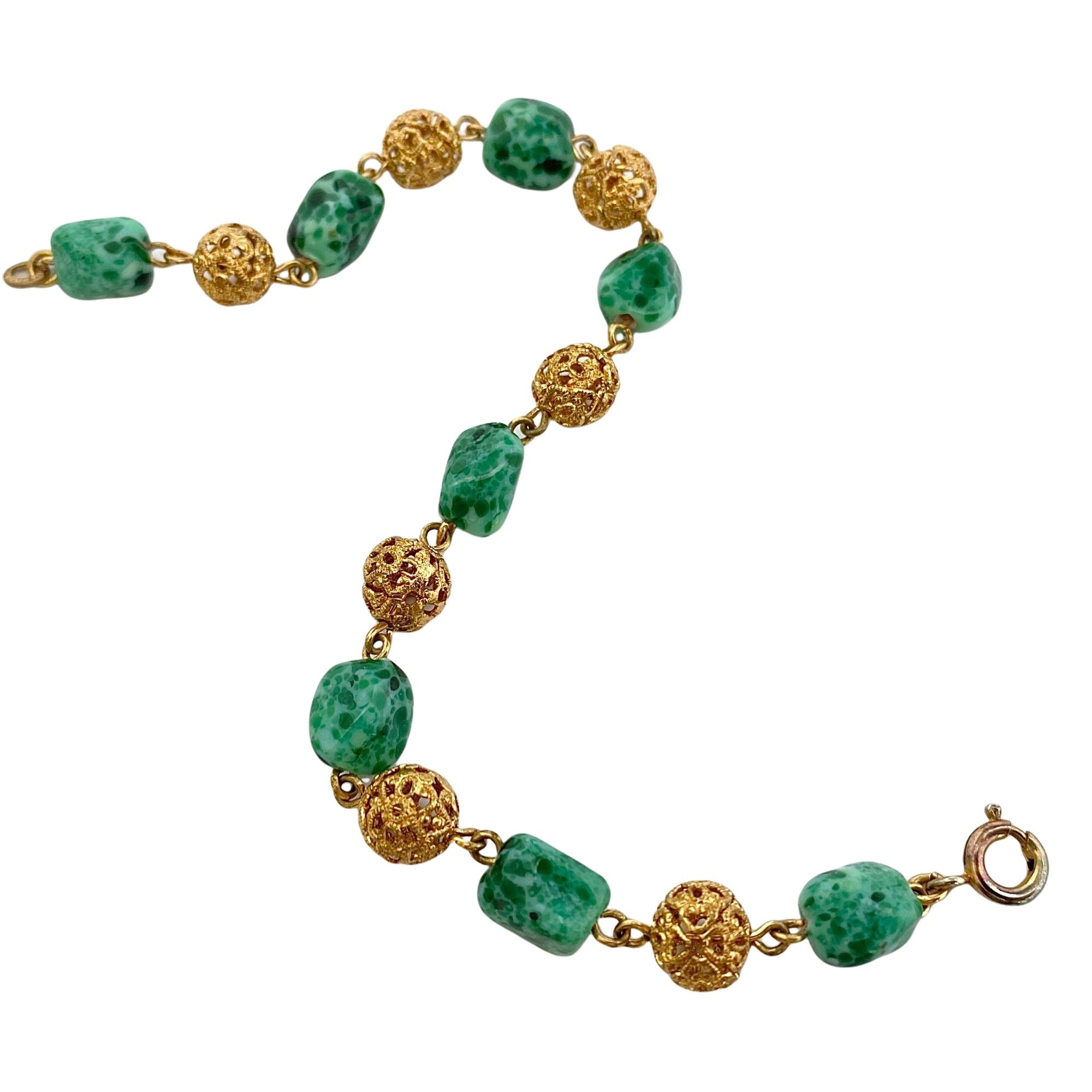 Vintage Speckled Jade and Filigree Bead Bracelet by West Germany - Vintage Meet Modern Vintage Jewelry - Chicago, Illinois - #oldhollywoodglamour #vintagemeetmodern #designervintage #jewelrybox #antiquejewelry #vintagejewelry