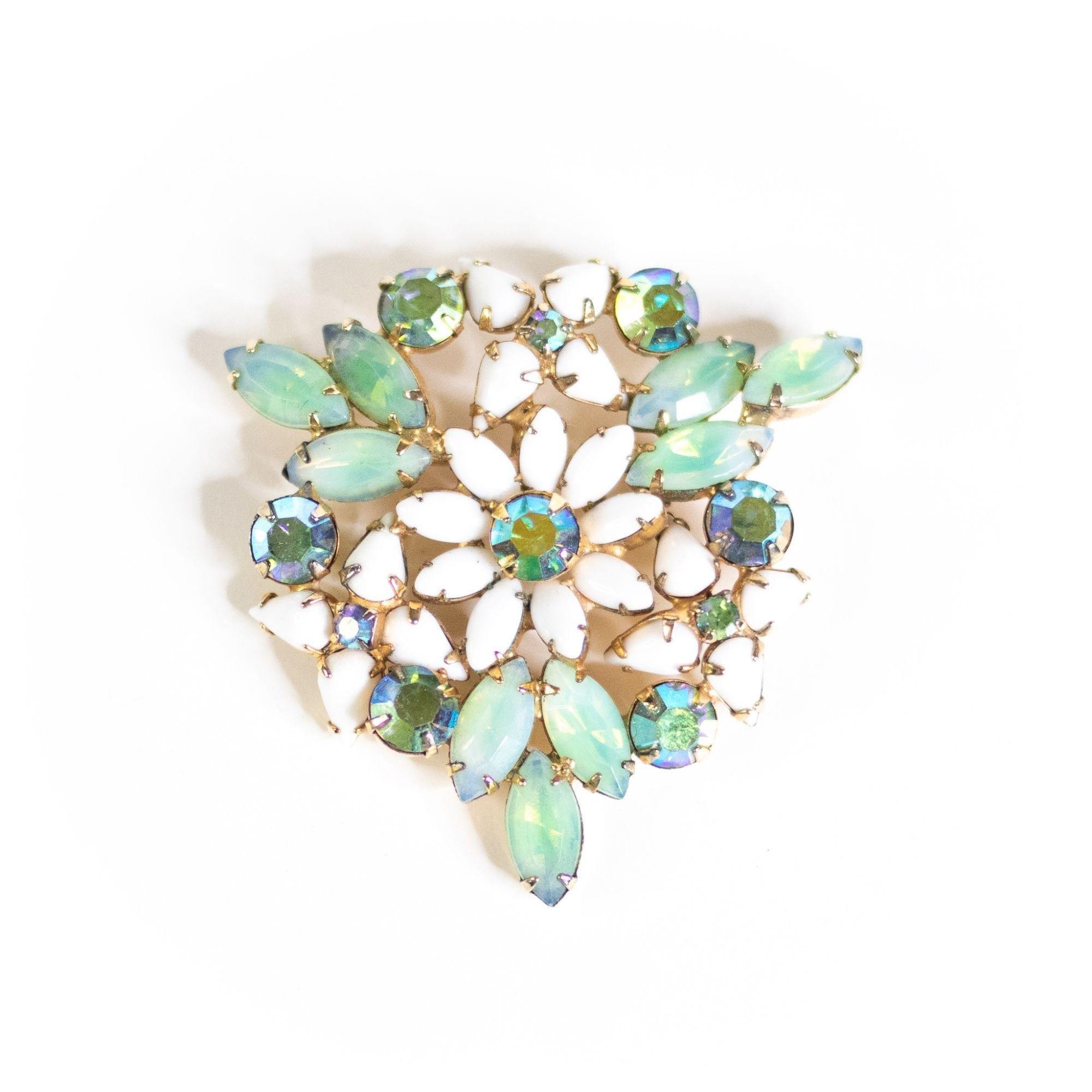 Vintage Milk Glass and Light Green Rhinestone Brooch by Unsigned Beauty - Vintage Meet Modern Vintage Jewelry - Chicago, Illinois - #oldhollywoodglamour #vintagemeetmodern #designervintage #jewelrybox #antiquejewelry #vintagejewelry