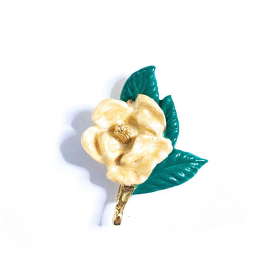 Vintage Yellow Camellia Brooch by Made in the USA - Vintage Meet Modern Vintage Jewelry - Chicago, Illinois - #oldhollywoodglamour #vintagemeetmodern #designervintage #jewelrybox #antiquejewelry #vintagejewelry