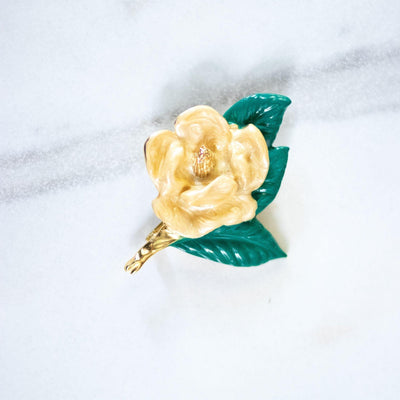 Vintage Yellow Camellia Brooch by Made in the USA - Vintage Meet Modern Vintage Jewelry - Chicago, Illinois - #oldhollywoodglamour #vintagemeetmodern #designervintage #jewelrybox #antiquejewelry #vintagejewelry