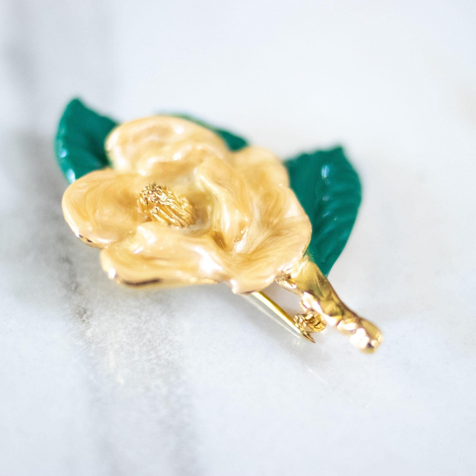 Vintage Yellow Camellia Brooch by Made in the USA - Vintage Meet Modern Vintage Jewelry - Chicago, Illinois - #oldhollywoodglamour #vintagemeetmodern #designervintage #jewelrybox #antiquejewelry #vintagejewelry