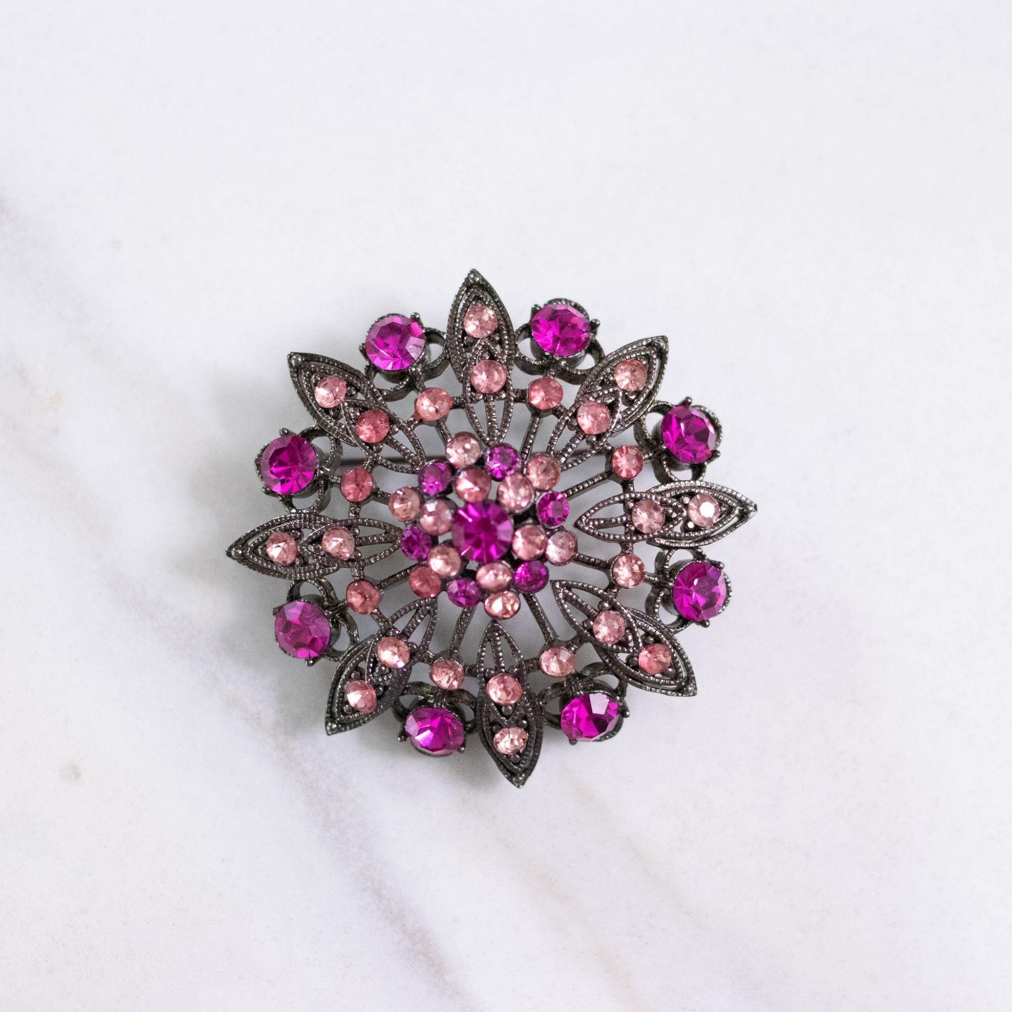 Vintage Pink Rhinestone Pinwheel Medallion Brooch by Unsigned Beauty - Vintage Meet Modern Vintage Jewelry - Chicago, Illinois - #oldhollywoodglamour #vintagemeetmodern #designervintage #jewelrybox #antiquejewelry #vintagejewelry