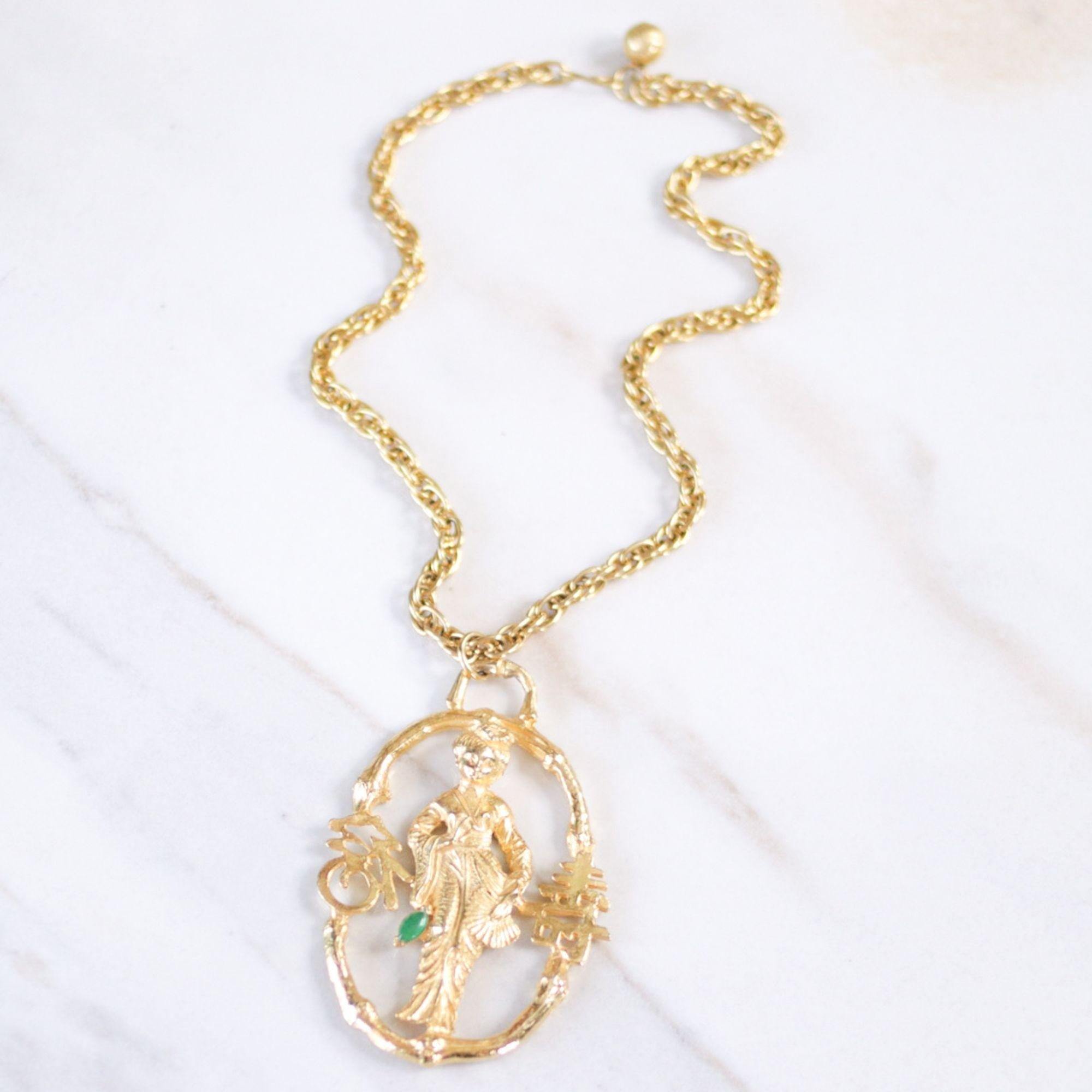 Vintage Kenneth Jay Lane Gold Geisha Statement Necklace by Kenneth Jay Lane - Vintage Meet Modern Vintage Jewelry - Chicago, Illinois - #oldhollywoodglamour #vintagemeetmodern #designervintage #jewelrybox #antiquejewelry #vintagejewelry