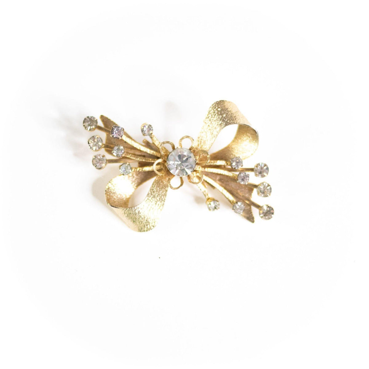 Vintage Mid Century Modern Gold Bow Brooch with Rhinestones