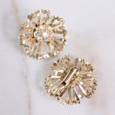 Vintage Gold Ruffle Flower Earrings With Aurora Borealis Crystals by Sarah Coventry - Vintage Meet Modern Vintage Jewelry - Chicago, Illinois - #oldhollywoodglamour #vintagemeetmodern #designervintage #jewelrybox #antiquejewelry #vintagejewelry