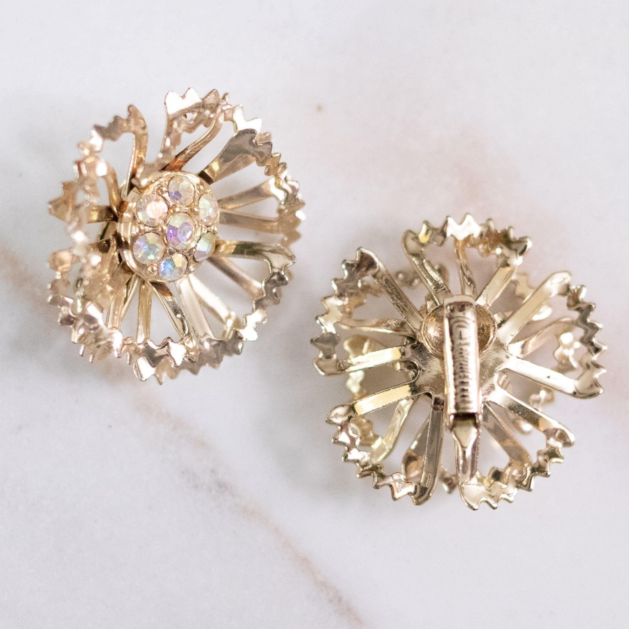 Vintage Gold Ruffle Flower Earrings With Aurora Borealis Crystals by Sarah Coventry - Vintage Meet Modern Vintage Jewelry - Chicago, Illinois - #oldhollywoodglamour #vintagemeetmodern #designervintage #jewelrybox #antiquejewelry #vintagejewelry