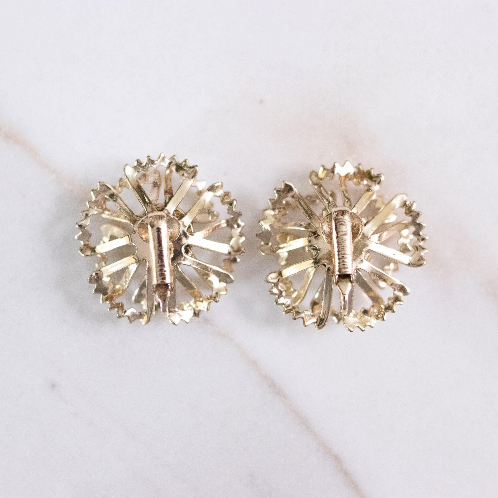 Vintage Gold Ruffle Flower Earrings With Aurora Borealis Crystals by Sarah Coventry - Vintage Meet Modern Vintage Jewelry - Chicago, Illinois - #oldhollywoodglamour #vintagemeetmodern #designervintage #jewelrybox #antiquejewelry #vintagejewelry